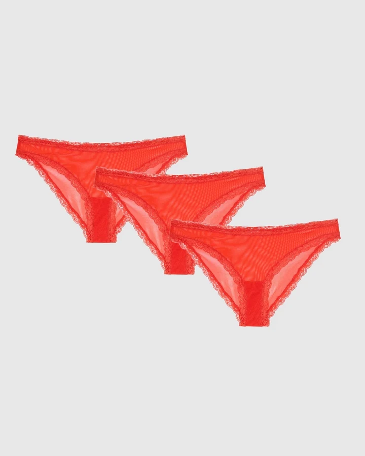 Understatement Damen vegan Multipack Bikini Slips Mesh Lace Trim Fiery Red