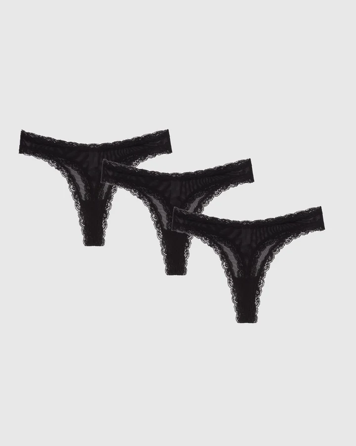 Understatement Damen vegan Multipack Thong Mesh Lace Trim Schwarz
