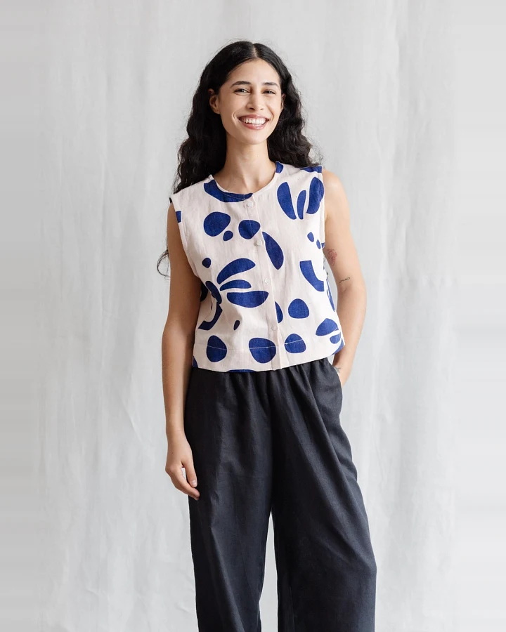 Jyoti Fair Works Damen vegan Top Diyan Druck Atlantik Weiß & Blau