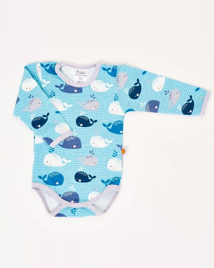 Cheeky Apple Langarm-Body aus Bio-Baumwolle "Wale" Blau/Zartrosa/Grau