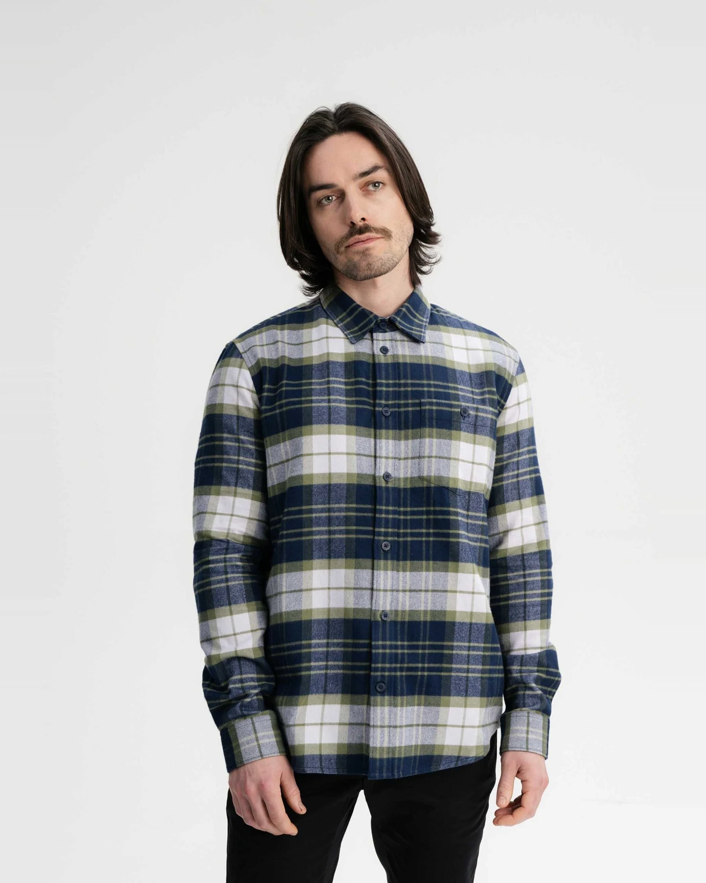 MELA Herren vegan Hemd Flanell Sahel Navy / Lavendel Check – Ansicht 2