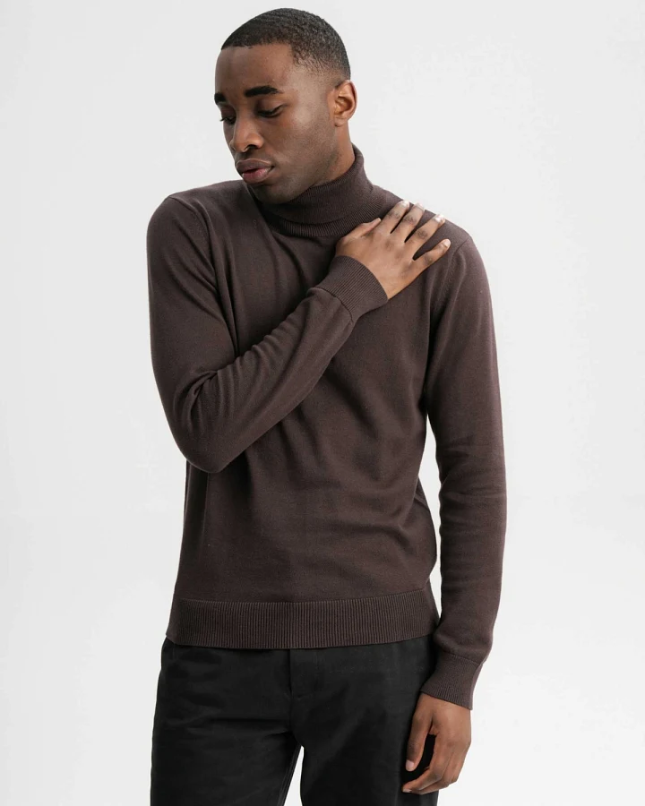 MELA Herren vegan Pullover Rollkragenpullover Feinstrick Kanja Dunkelbraun