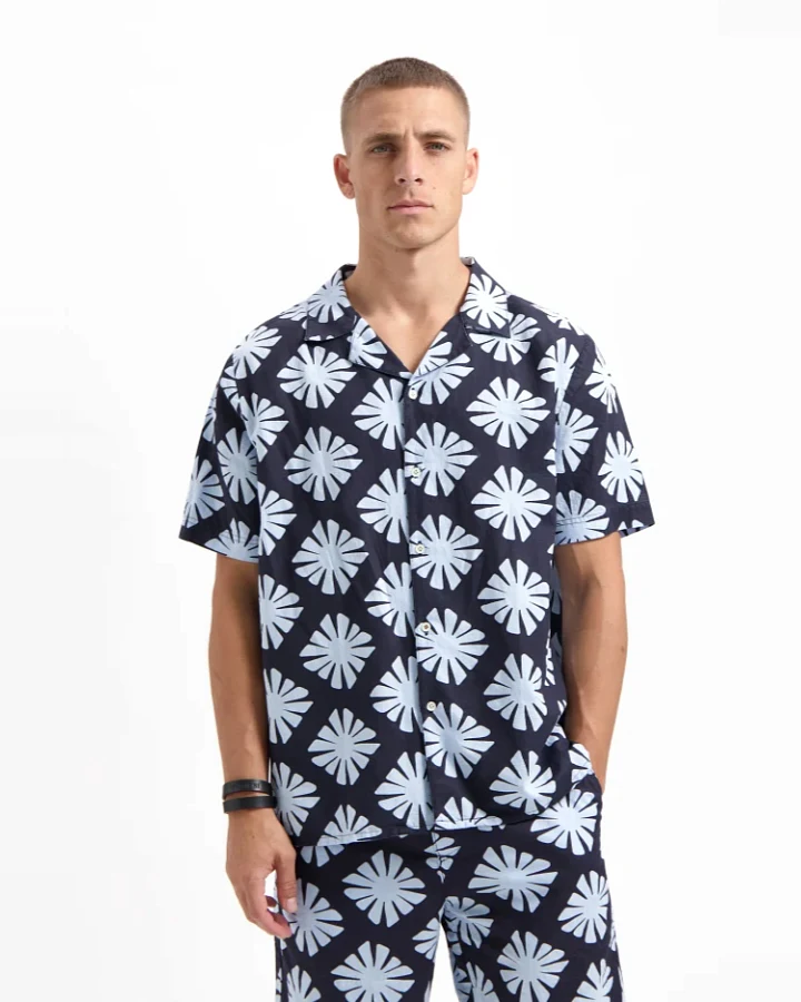 Kuyichi Herren vegan Hemd Robby Gedruckt Ss Mitternachtsblau