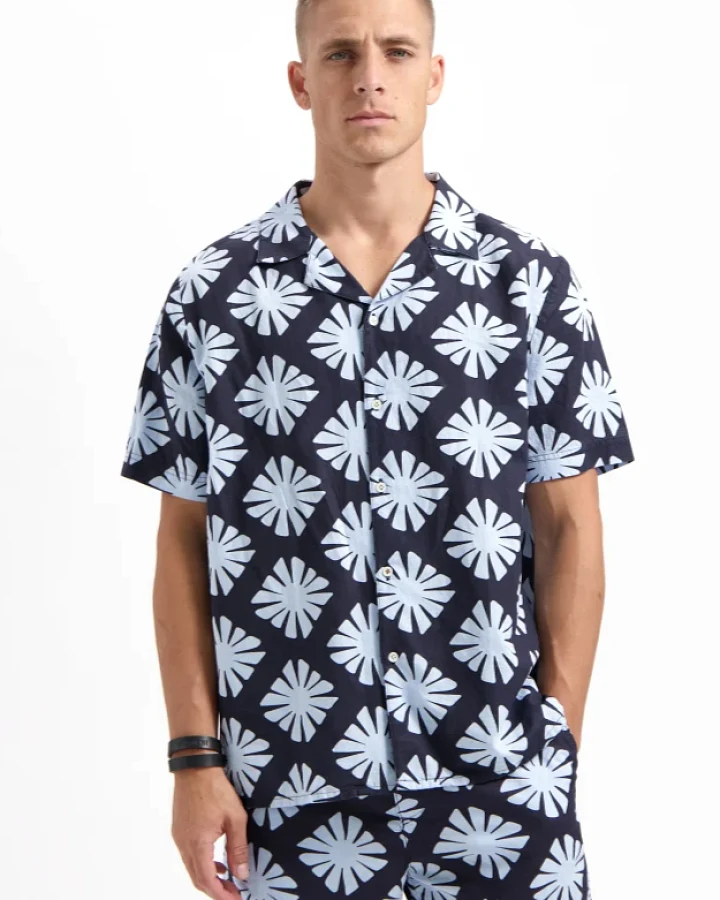 Kuyichi Herren vegan Hemd Robby Gedruckt Ss Mitternachtsblau
