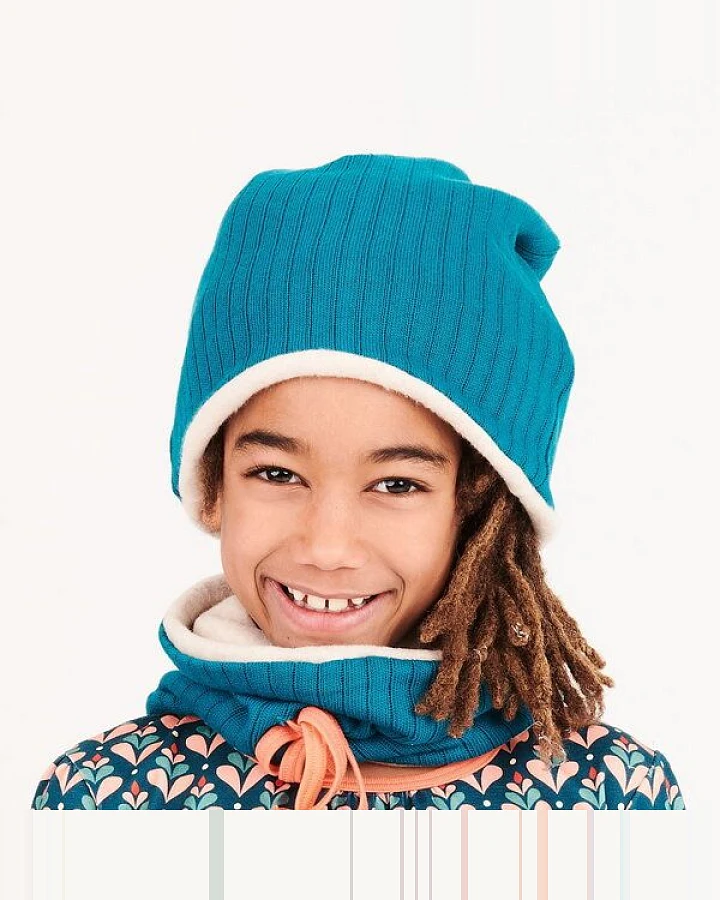 Cheeky Apple Gefütterte Beanie-Haube aus Bio-Baumwolle "Rippstrick Petrol