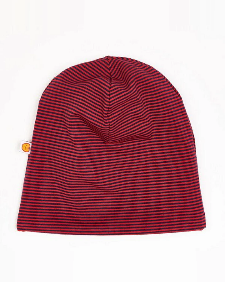 Cheeky Apple Gefütterte Beanie-Haube aus Bio-Baumwolle "Ringeljersey Dunkelblau-Rot
