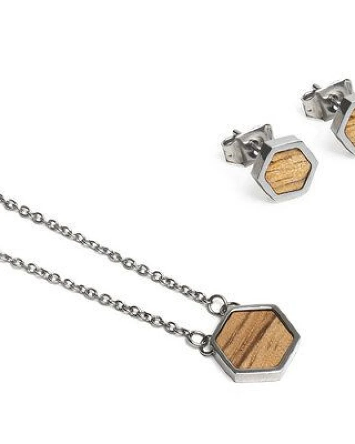BeWooden Hexagon Set - Ohringe + Kette mit Anhänger - Verschiedene Farbvarianten