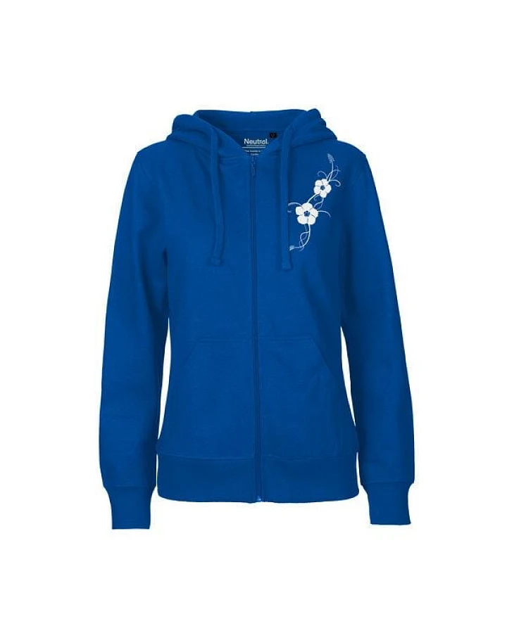 HANDGEDRUCKT "Hibisken" Frauen Zip-HOODY aus reiner Biobaumwolle (kbA)