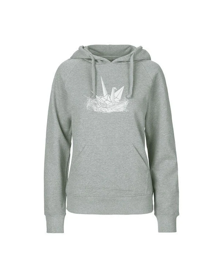HANDGEDRUCKT "Origami-Kranich" Frauen HOODY aus reiner Biobaumwolle (kbA)
