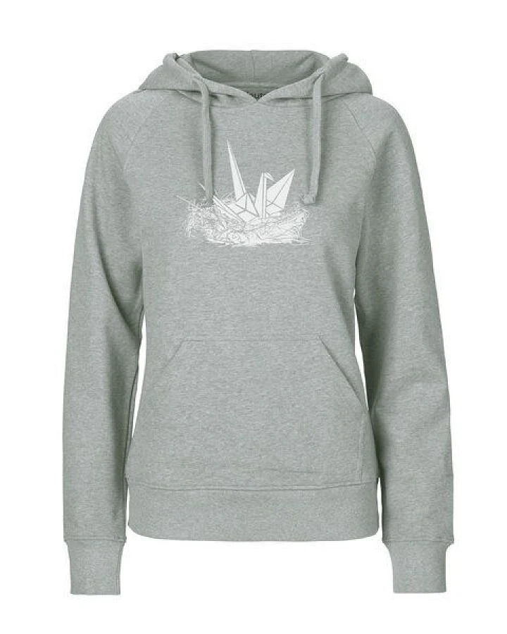 HANDGEDRUCKT "Origami-Kranich" Frauen HOODY aus reiner Biobaumwolle (kbA)