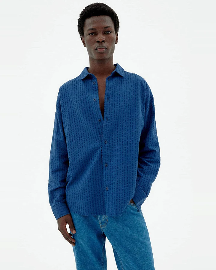 Thinking MU Herren vegan Hemd Seersucker Haru Blau