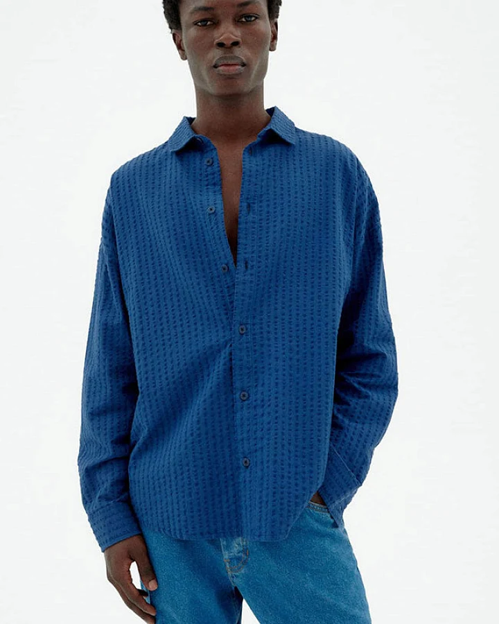 Thinking MU Herren vegan Hemd Seersucker Haru Blau