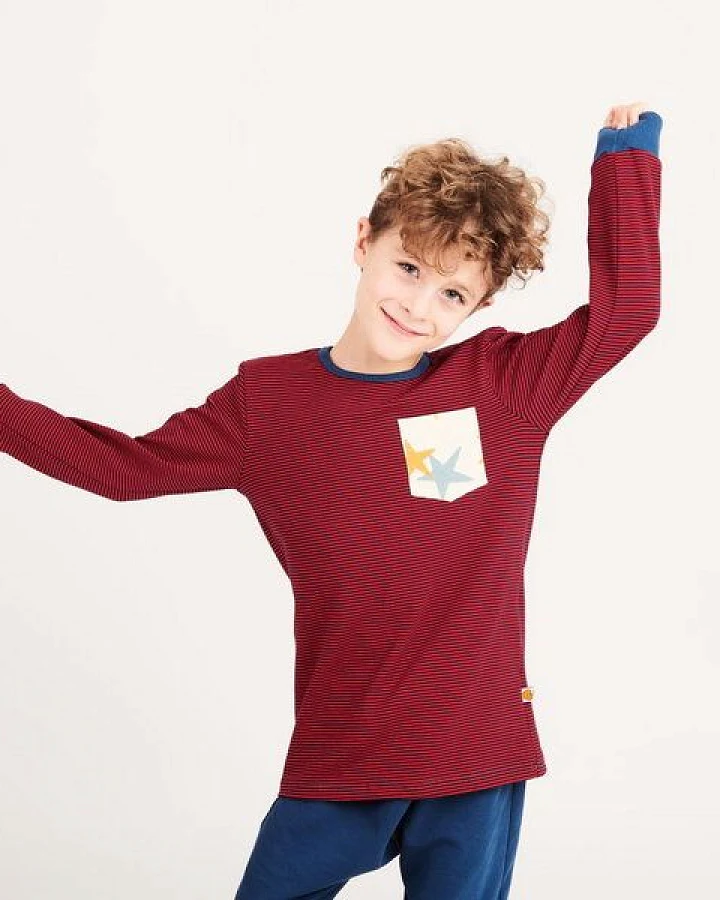 Cheeky Apple Jungen Langarm-Shirt mit Brusttasche aus Bio-Baumwolle "Ringeljersey Dunkelblau-Rot
