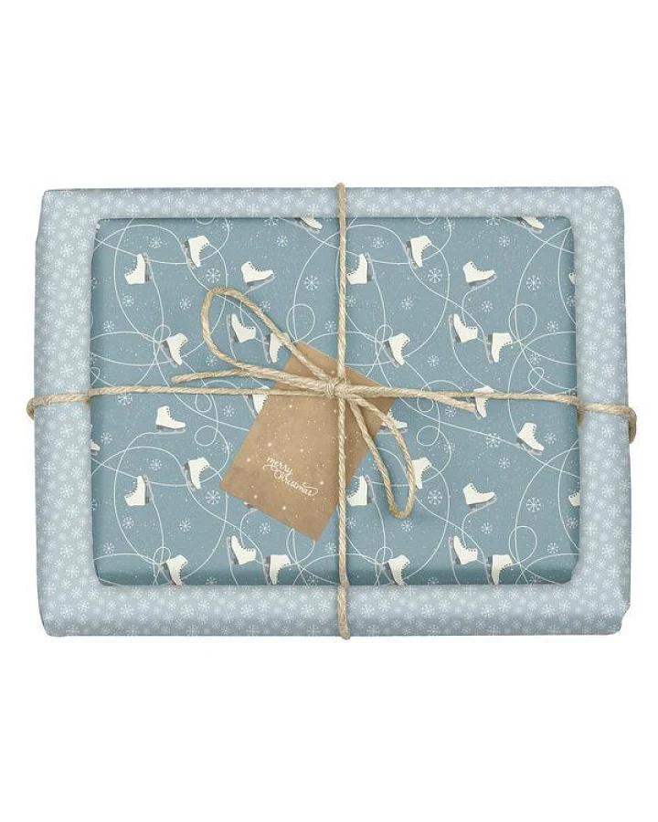 dabelino Geschenkpapier Set: Weihnachten "Schlittschuhe/ Schneeflocken blau weiß"