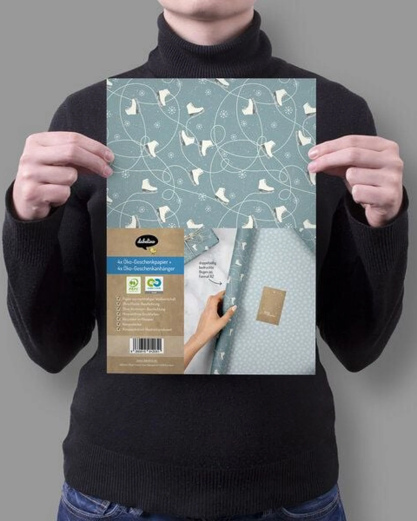 dabelino Geschenkpapier Set: Weihnachten "Schlittschuhe/ Schneeflocken blau weiß" – Ansicht 4