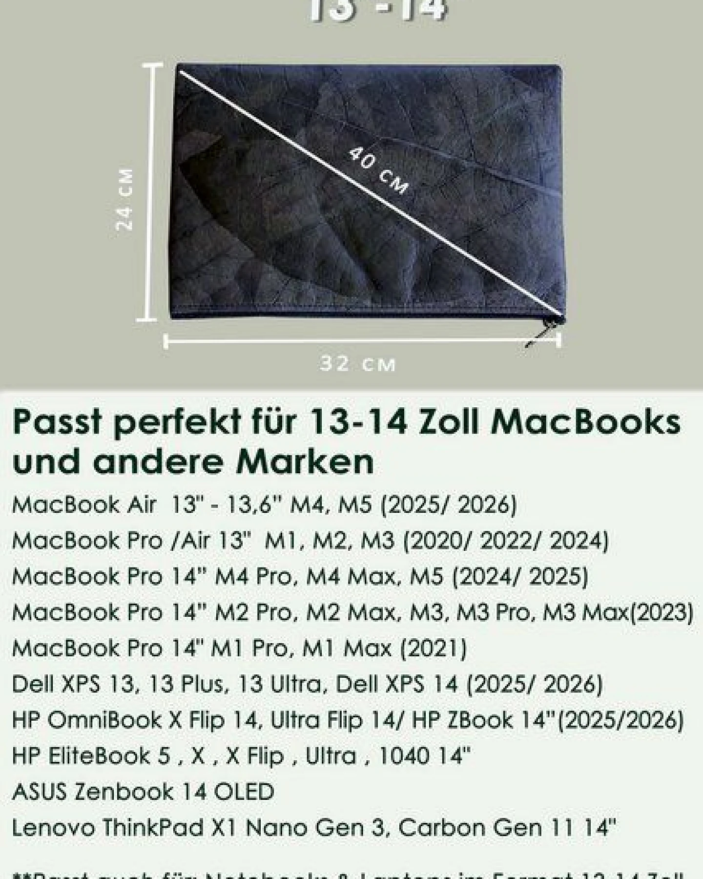 BY COPALA Gefütterte nachhaltige Laptop Hülle 13–14 Zoll aus Blattleder – Handgenähte vegane Laptoptasche, wasserabweisendes Laptop Case, Unikat für MacBook Air & Pro in schwarz / grau – Ansicht 2