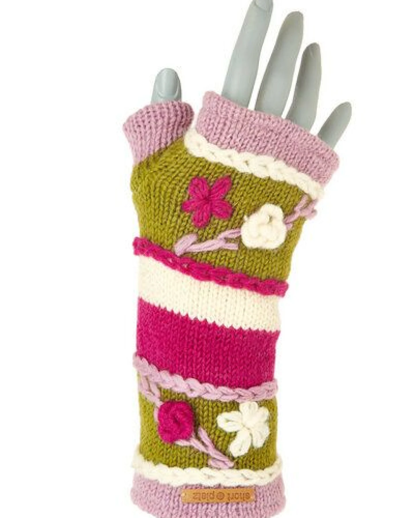 short'n'pietz Schurwollhandstulpen gestreift mit Blumen bestickt, handgestrickt – Ansicht 2