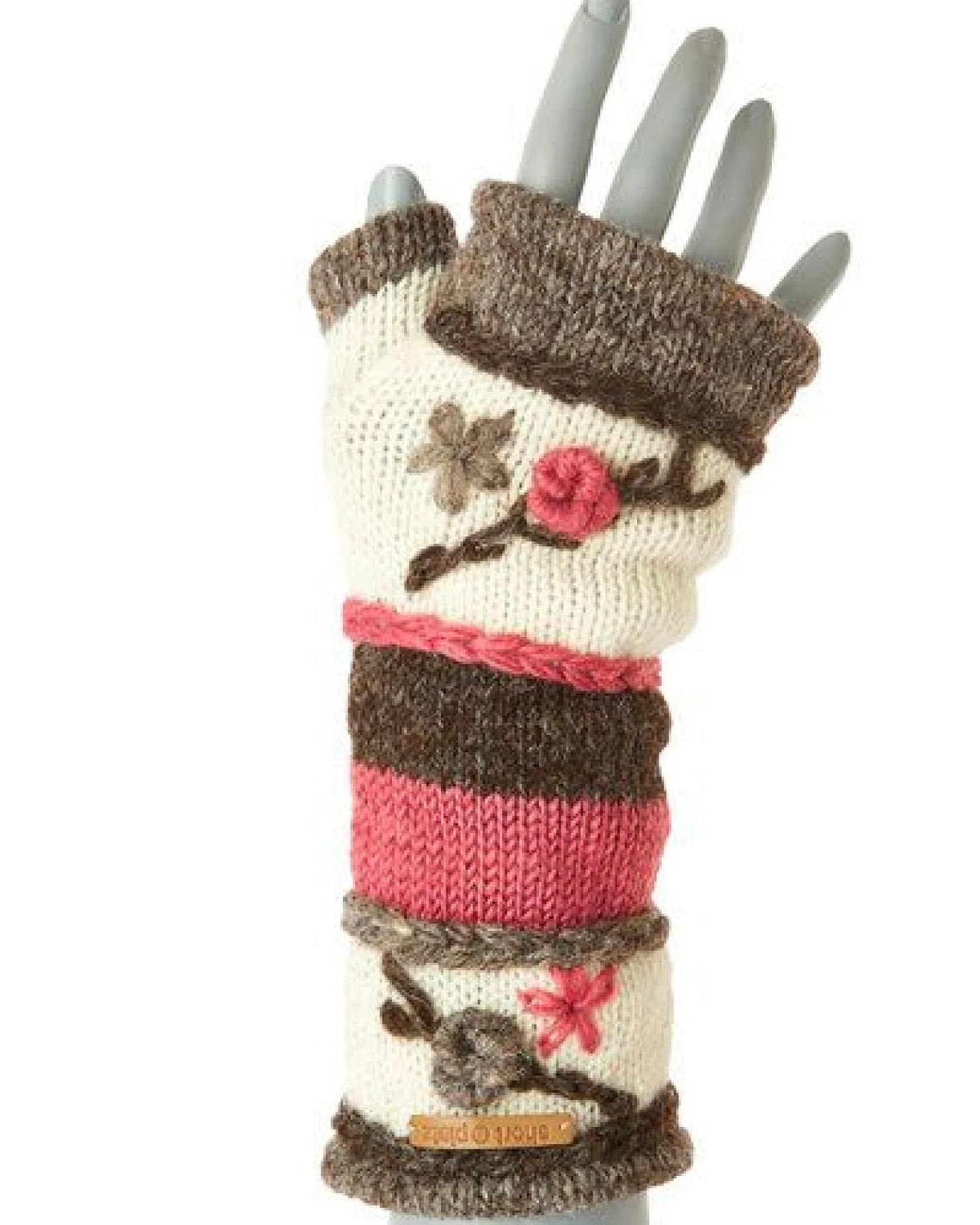 short'n'pietz Schurwollhandstulpen gestreift mit Blumen bestickt, handgestrickt – Ansicht 3