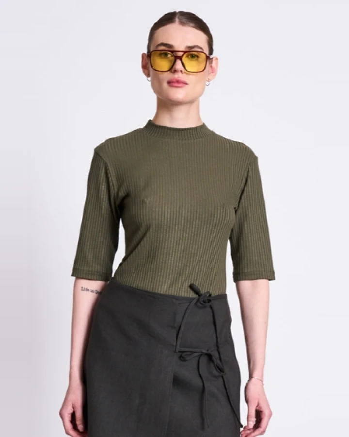 JAN 'N JUNE Damen vegan T-Shirt Rib Nina Dark Olive
