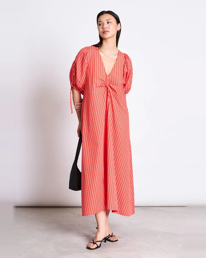 JAN 'N JUNE Damen vegan Maxikleid Dans Cherry Rot & Weiß Gestreift