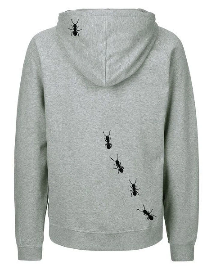 HANDGEDRUCKT "Ameisen" Männer Zip-HOODY aus reiner Biobaumwolle (kbA)