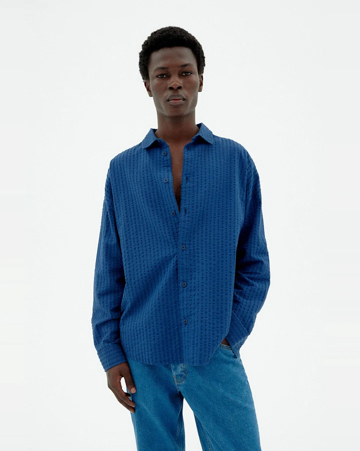 Thinking MU Herren vegan Hemd Seersucker Haru Blau