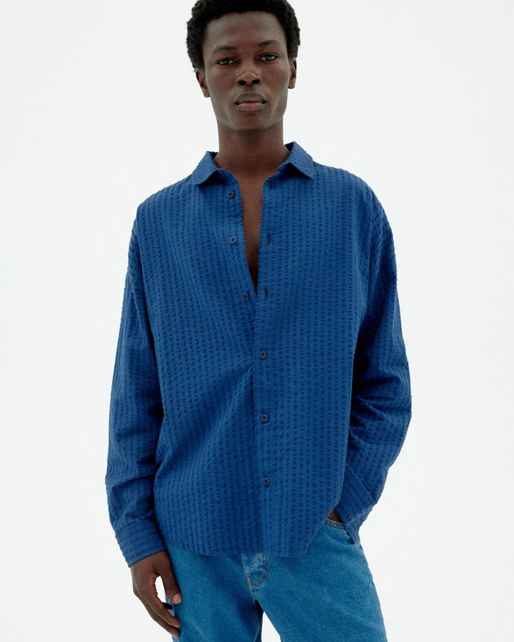 Thinking MU Herren vegan Hemd Seersucker Haru Blau