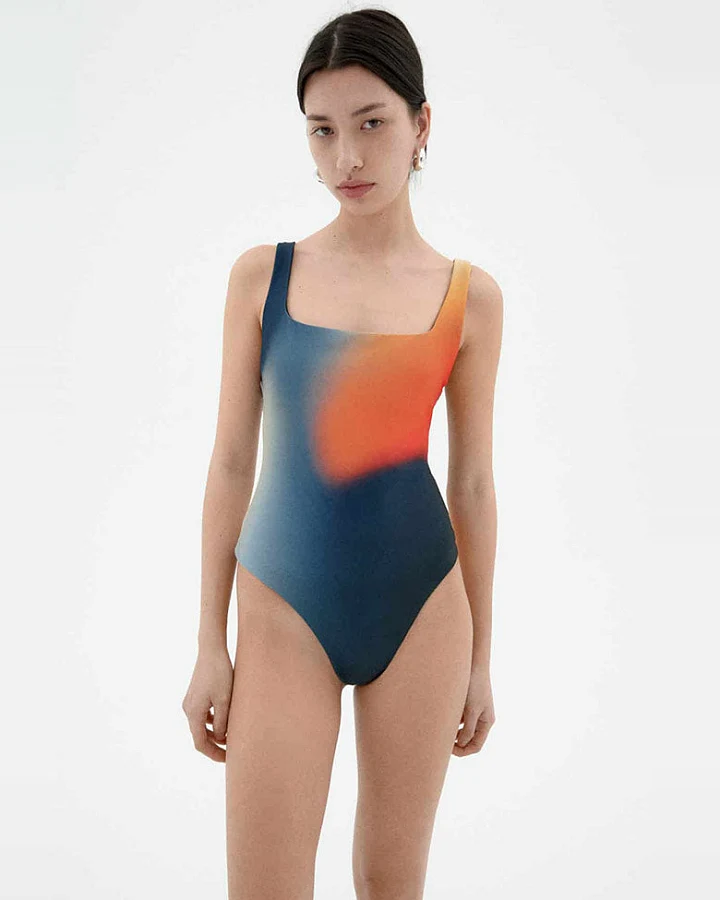 Thinking MU Damen vegan Badeanzug Bookeh Amalfi Blau Orange