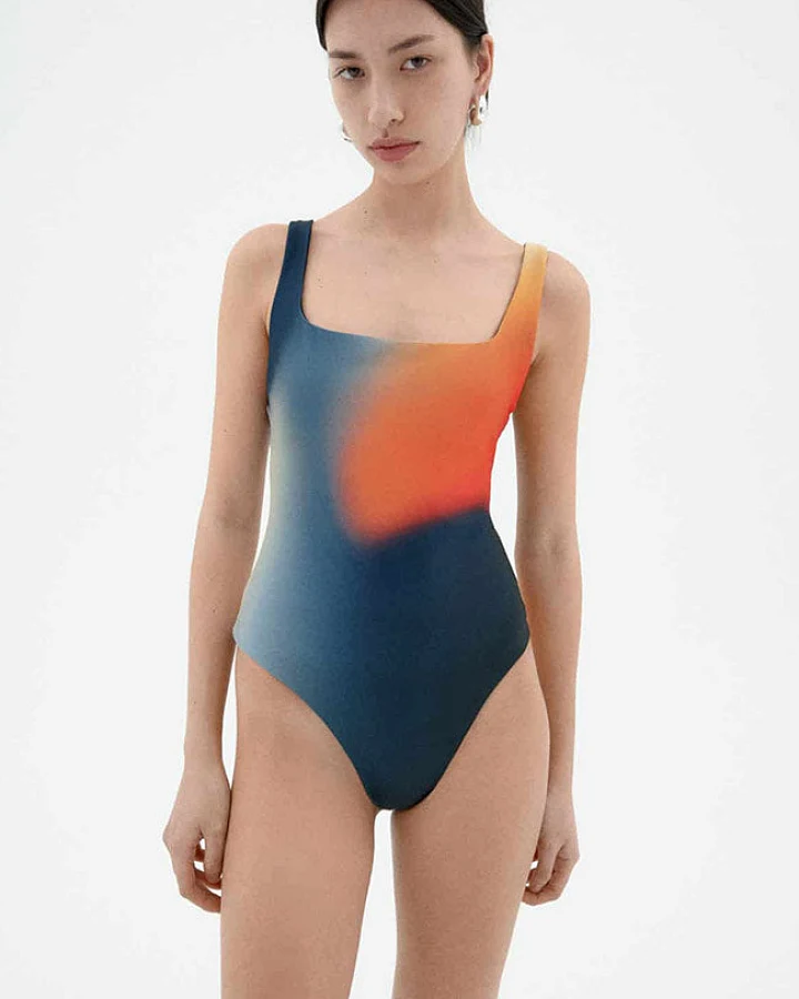 Thinking MU Damen vegan Badeanzug Bookeh Amalfi Blau Orange