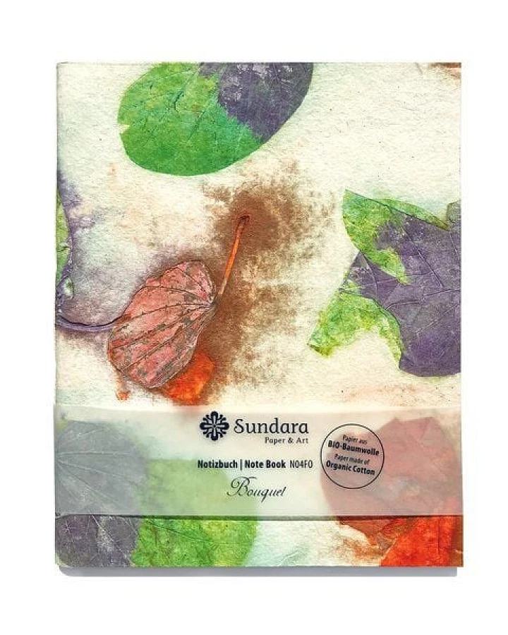 Sundara Notizbuch "Bouquet" – handgeschöpftes Recycling Biobaumwoll-Papier, Grün/Violett