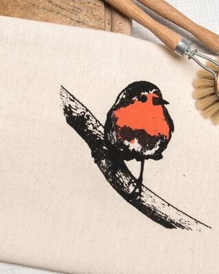 Hirschkind Bio- & Fair-Trade - Geschirrtuch 'Rotkehlchen' naturfarben