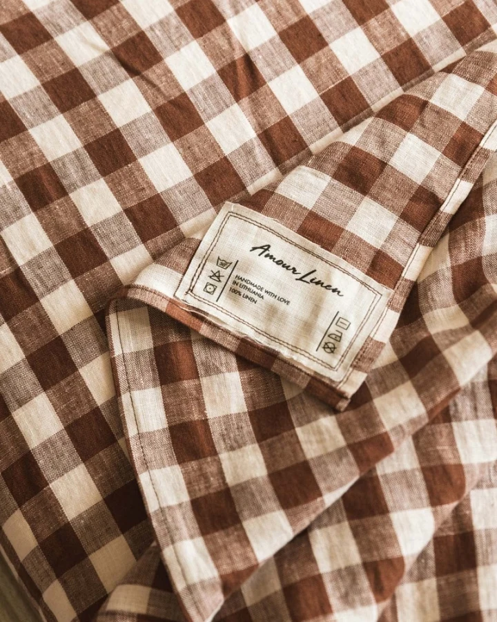 AmourLinen unisex vegan Bettlaken Mocha Gingham