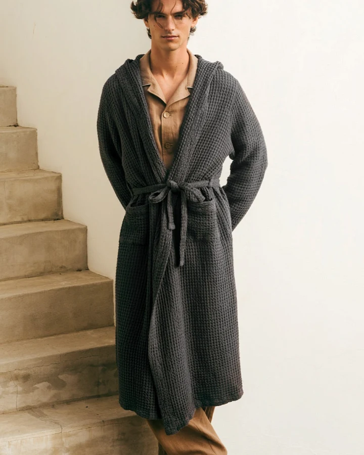 AmourLinen Herren vegan Bademantel Waffel Holzkohle