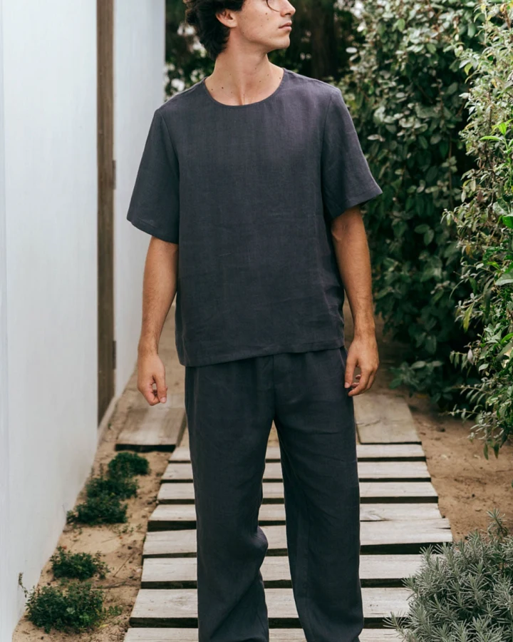 AmourLinen Herren vegan Set Pyjama Kurzarm Leo Anthrazit
