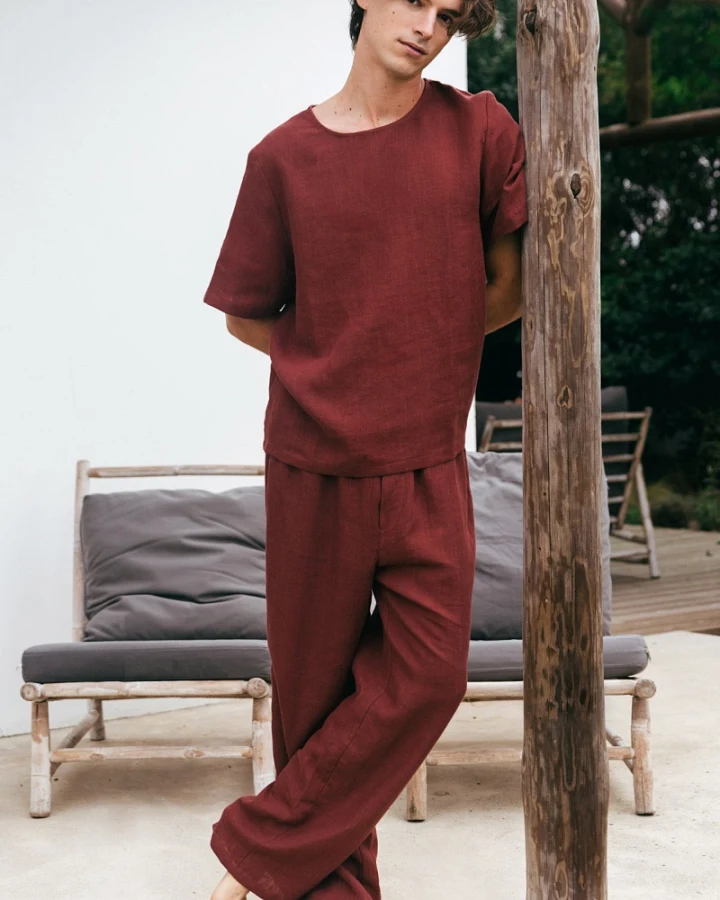 AmourLinen Herren vegan Set Pyjama Kurzarm Leo Terracotta