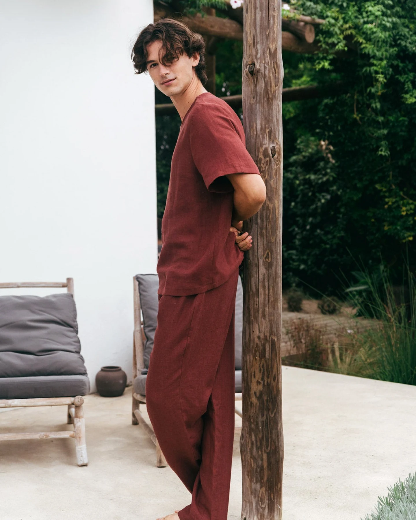 AmourLinen Herren vegan Set Pyjama Kurzarm Leo Terracotta – Ansicht 2