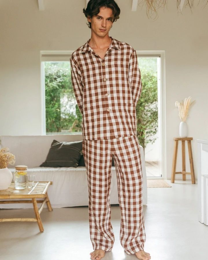 AmourLinen Herren vegan Set Loungewear Oliver Mocha Gingham