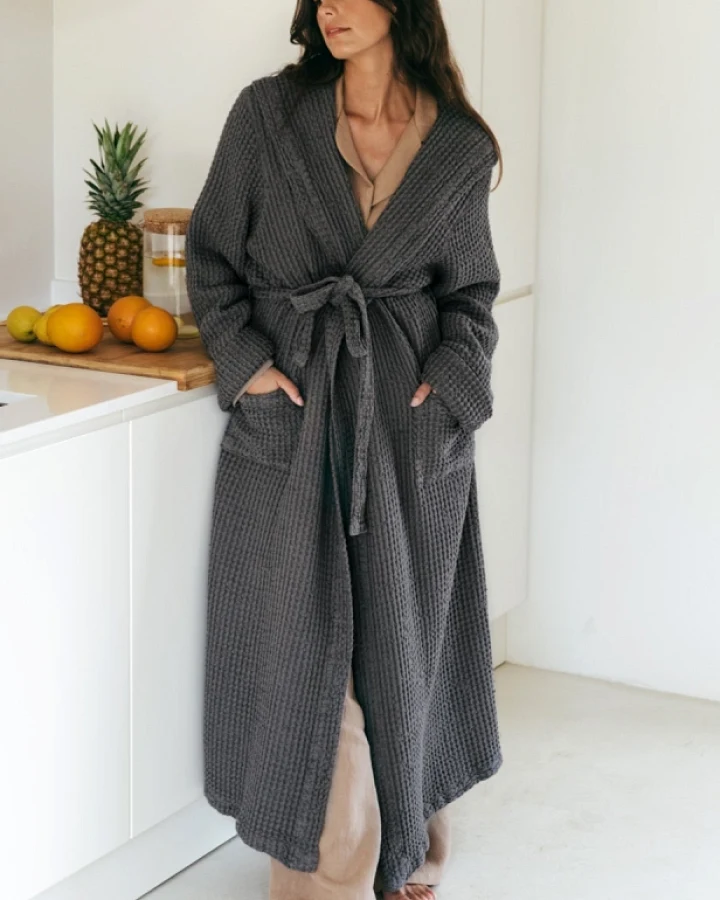 AmourLinen Damen vegan Bademantel Waffel Snuggle Holzkohle