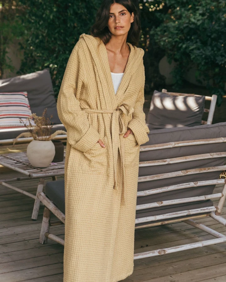 AmourLinen Damen vegan Bademantel Waffel Snuggle Senf