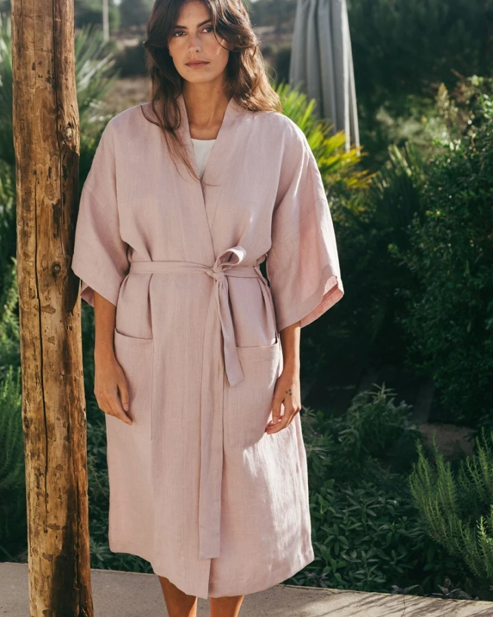 AmourLinen Damen vegan Bademantel Midnight Dusty Rose