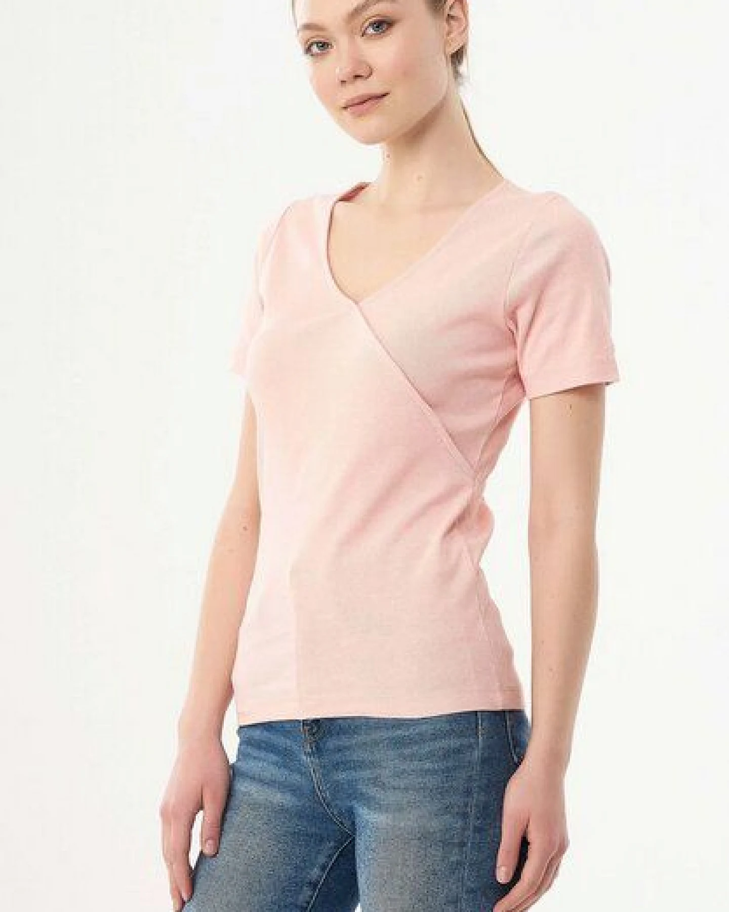 ORGANICATION Geripptes T-Shirt aus Bio-Baumwolle mit V-Ausschnitt – Ansicht 3