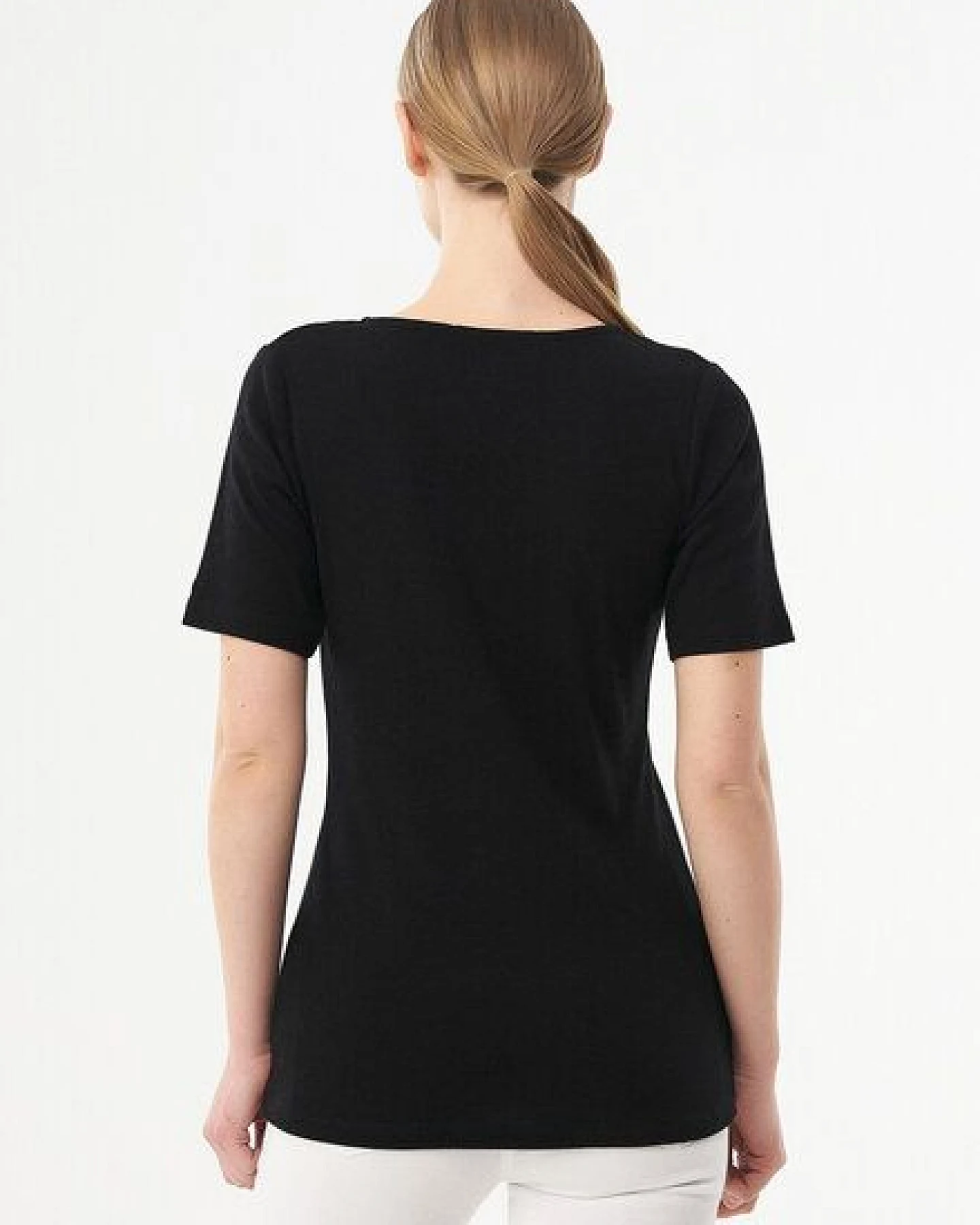 ORGANICATION Geripptes T-Shirt aus Bio-Baumwolle mit V-Ausschnitt – Ansicht 4