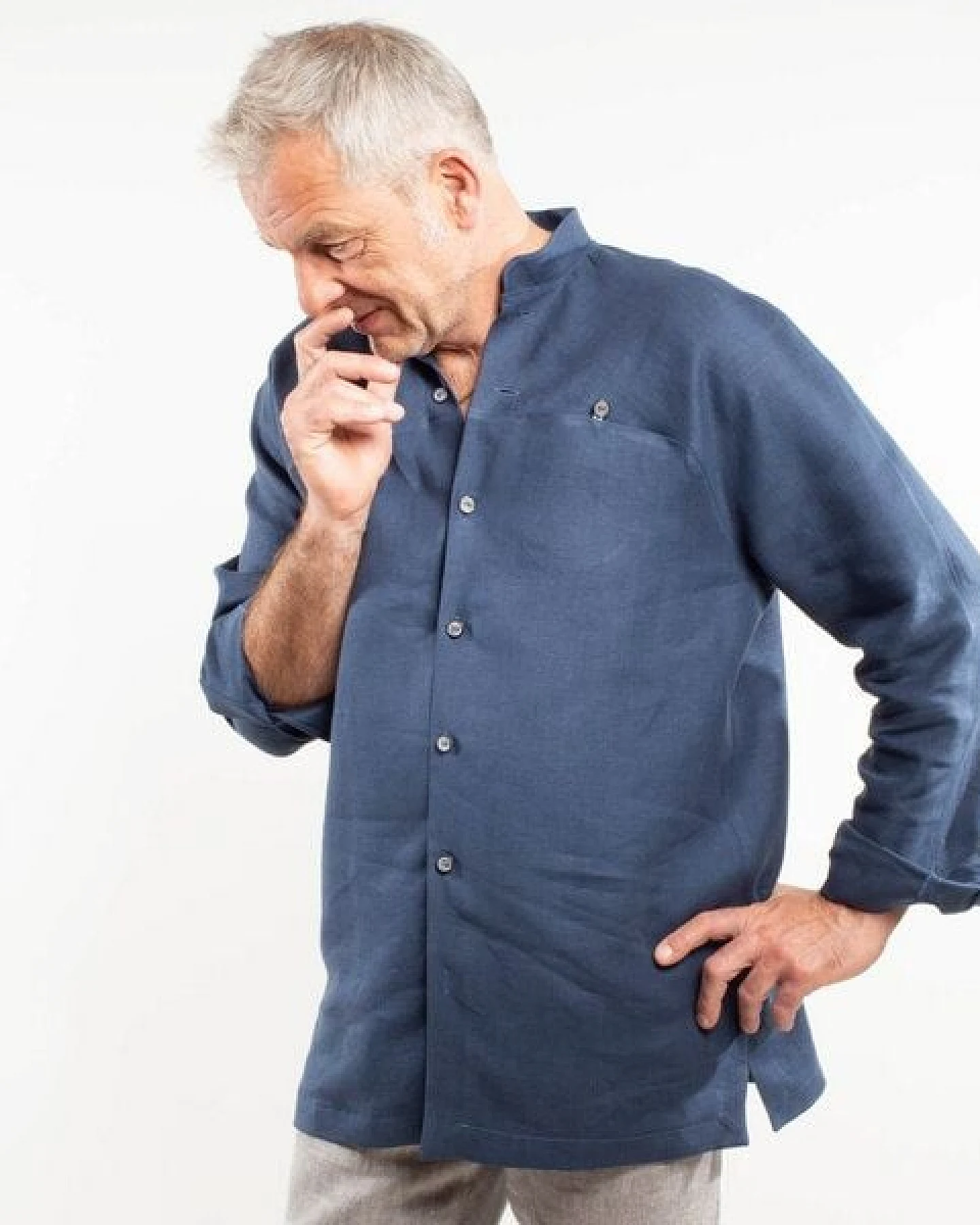 nahtur-design Leinenhemd mit Stehkragen und Raglanärmel, blau – Ansicht 2