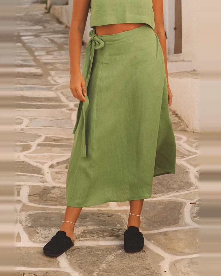 AmourLinen Damen vegan Wickelrock Iris Matcha Grün
