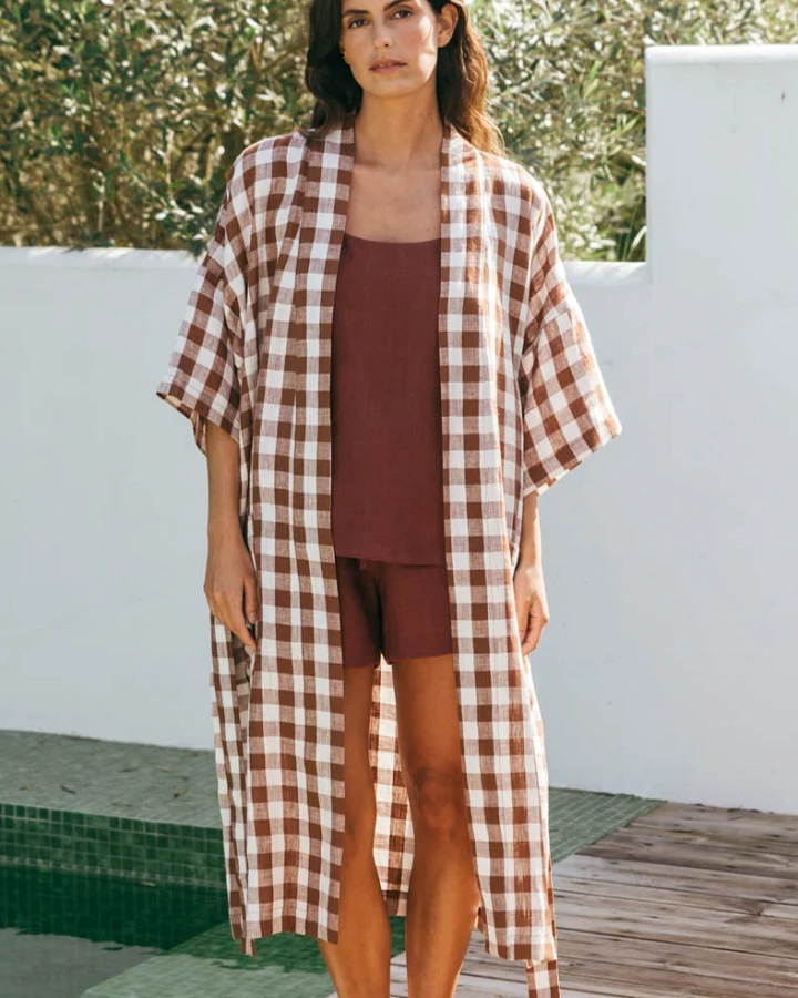 AmourLinen Damen vegan Bademantel Midnight Mocha Gingham