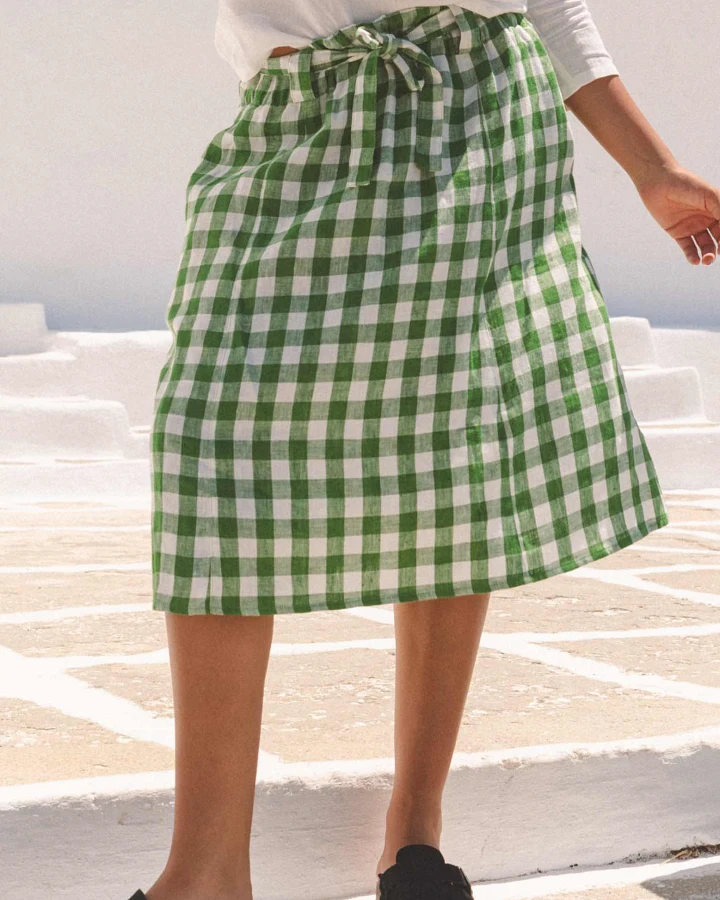 AmourLinen Damen vegan Rock Mittellang Bergen Grün Gingham