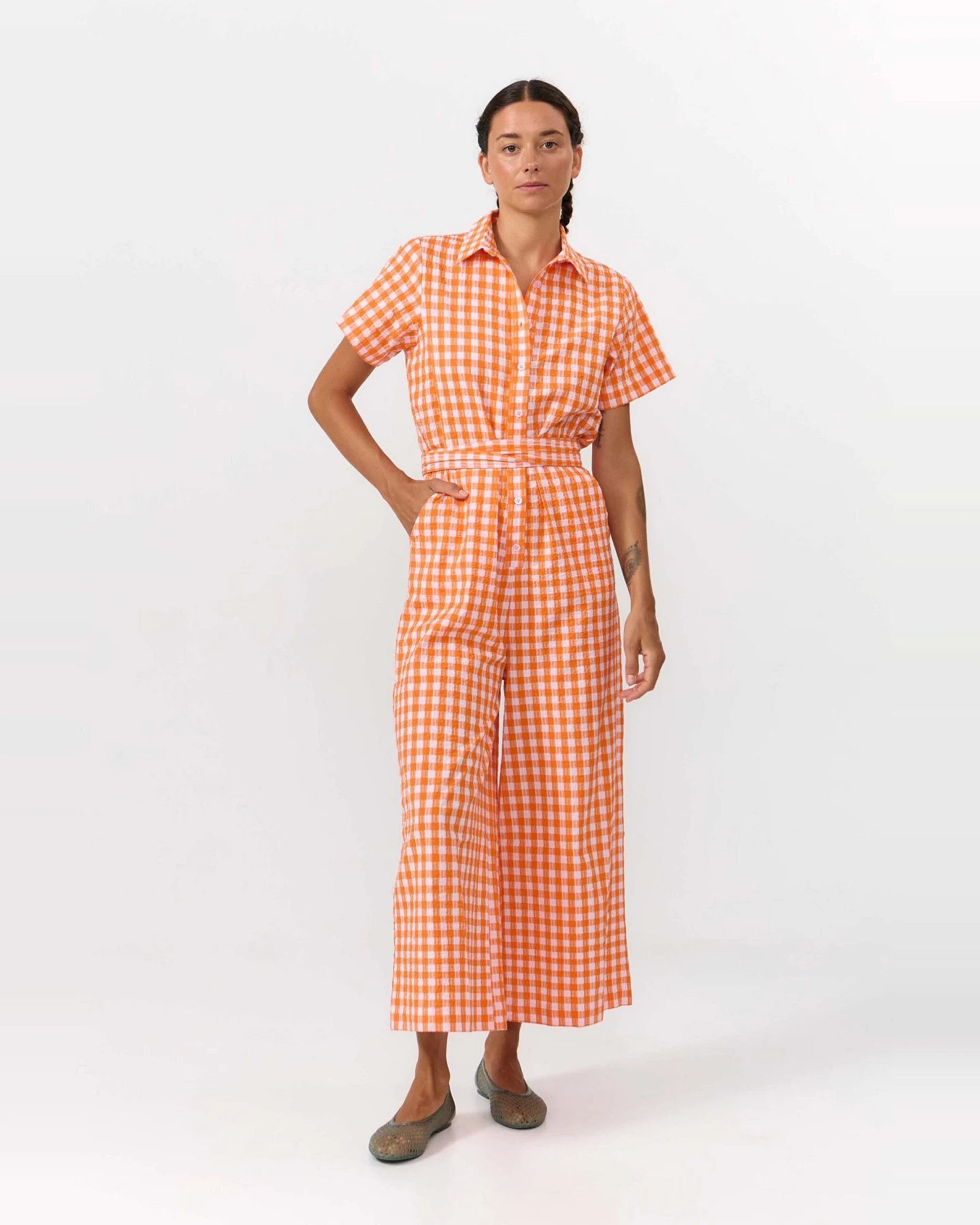 SUITE13LAB Damen vegan Jumpsuit Alme Check Orange – Ansicht 2