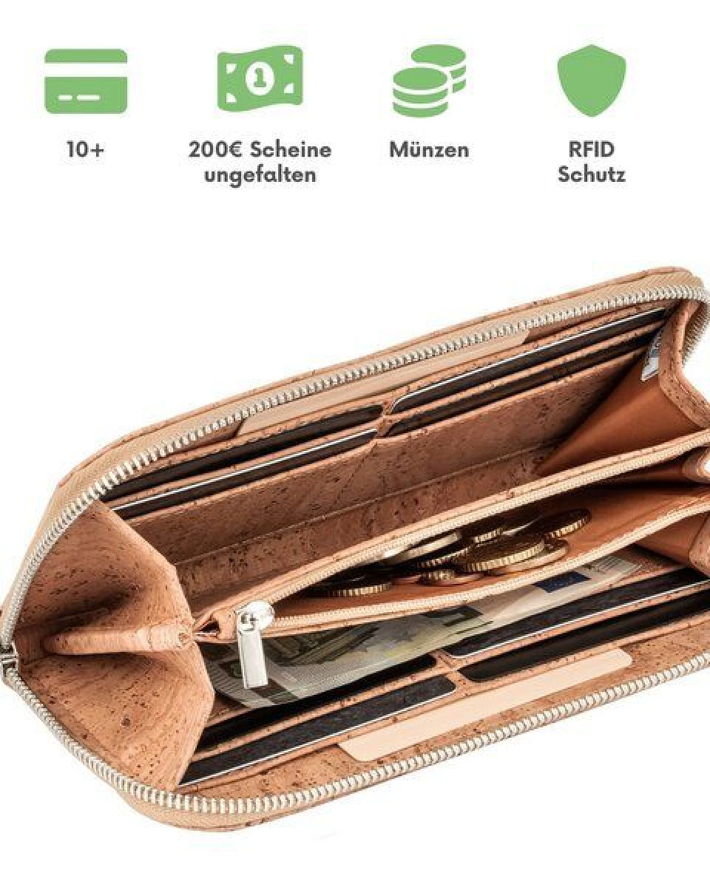 Simaru Große Damen Geldbörse aus Kork mit Metallreißverschluss & RFID Schutz – Ansicht 2