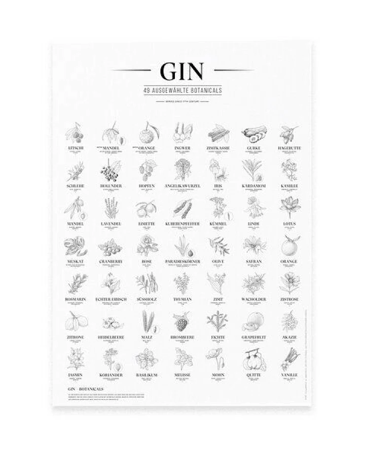 531 Rheinland Design Gin Plakat, 49 ausgewählte Kräuter Botanicals Gin Aromen als Poster