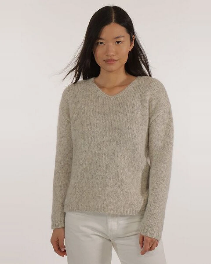 Les Racines Du Ciel Alpaka Pullover - Ecume V Neck Sweater - aus Bio-Baumwolle und Alpakawolle